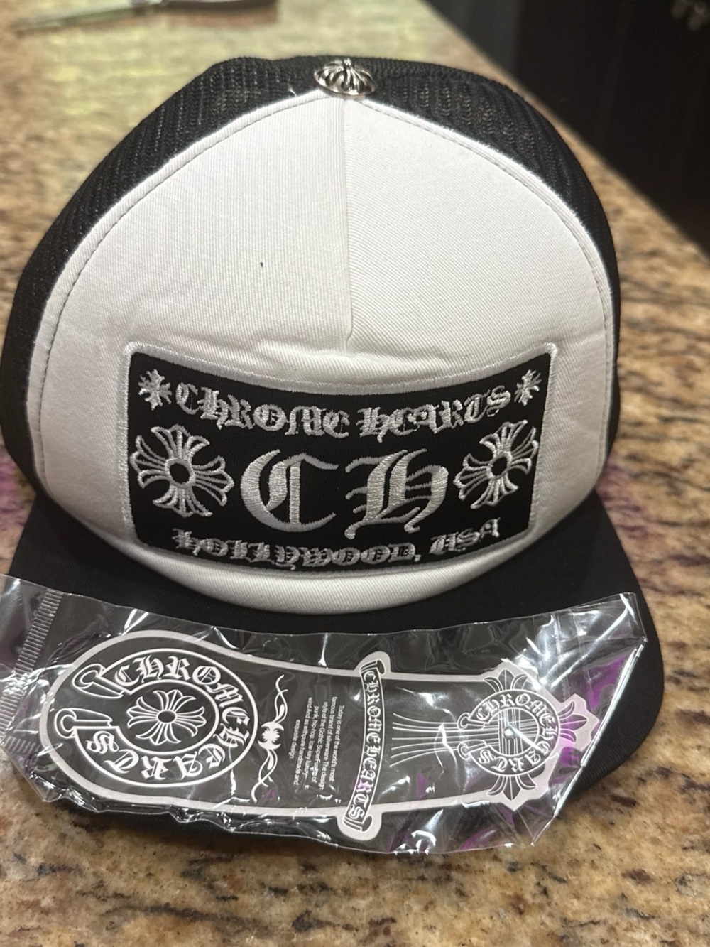 Chrome Hearts Black and White Embroidered Patch Trucker Hat